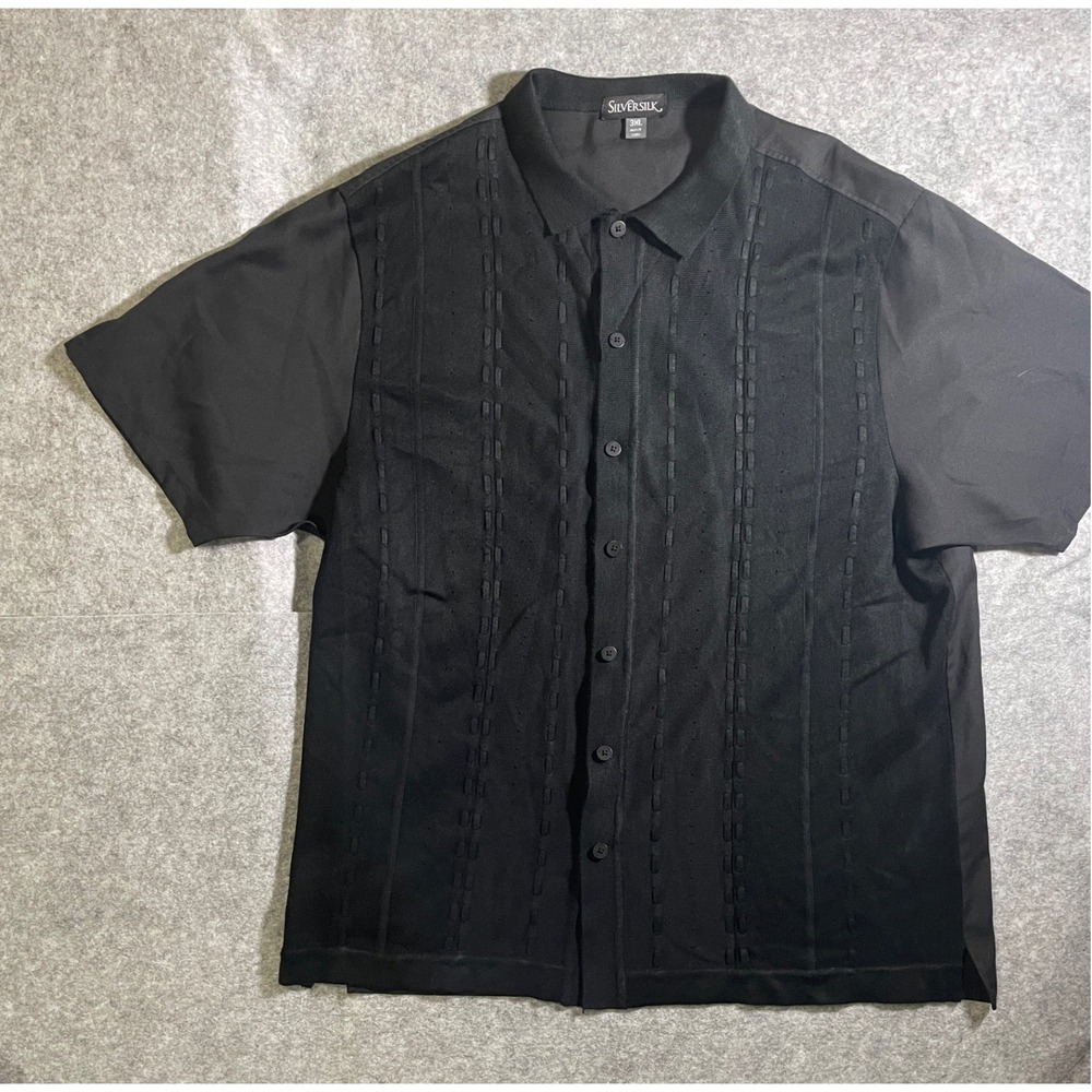 Silver Silk Mens 3XL Black Knit Front Button Down Short Sleeve Cabana Shirt